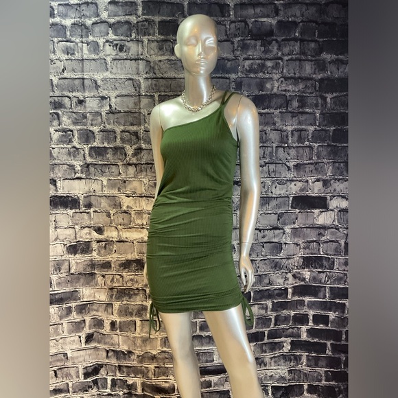 Olive Green 1 Shoulder Mini Summer Bodycon Dress - Picture 3 of 8